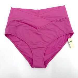 Aerie High Waisted Bikini Bottoms Hot Pink Cross Front Full‎ Coverage Size M NWT